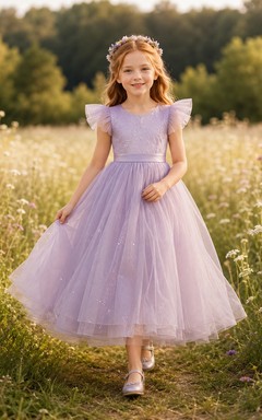 Blumenmädchenkleid aus lila Tüll, A-Linie, mit flatternden Ärmeln, Rundhalsausschnitt, wadenlang