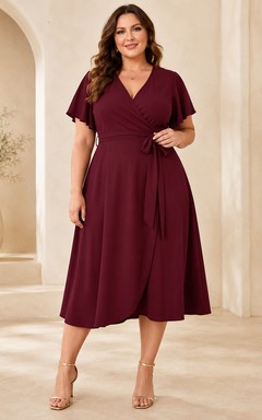 Vestido de cóctel de gasa color burdeos de talla grande, largo hasta la rodilla y escote en V, para invitadas de recepción.
