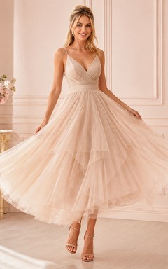 Romantic Peach Cowl Neck Straps Sleeveless Tulle A-Line Tea-length Dress