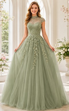Vestido de fiesta formal de princesa para quinceañera, estilo princesa, de cuello alto y manga corta, color verde salvia, con encaje floral.