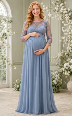 Steel Blue Romantic Scoop Chiffon-Lace Long-Sleeve A-Line Floor-Length Dress