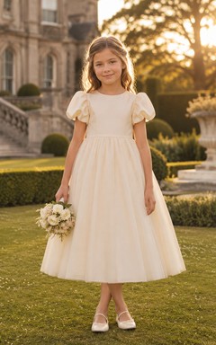Puff Sleeve Bow Tulle A-Line Flower Girl Dress with Jewel Neck, Tea-Length Skirt and Bow Detail