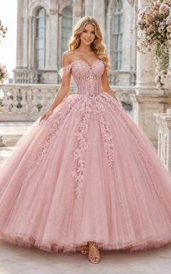 Zartrosa Tüll-Ballkleid mit schulterfreiem ärmellosem Blumenmuster für Quinceañeras