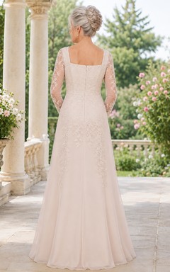 Robe de mariée longue trapèze à col carré et manches illusion en dentelle, style sobre, pour mariées plus âgées