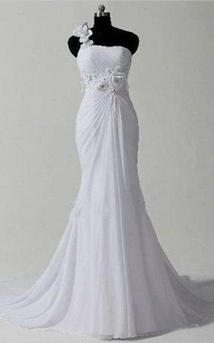 Robe sirène asymétrique sans manches à une épaule, longueur genou, ornée de fleurs et de fermeture éclair, en mousseline de soie.