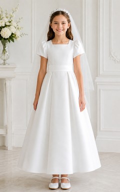 White A-Line Satin Flower Girl Dress with Bow Sash