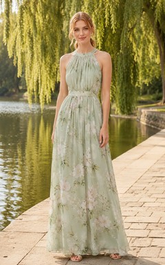 Sage floral halter pleated chiffon maxi A-line dress