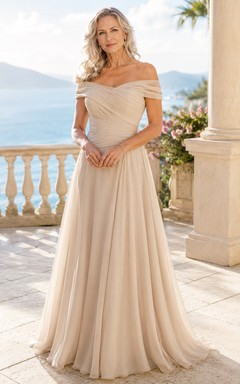 Maternity MOB Dress Champagne Tulle A-Line Short Sleeve Off Shoulder Floor Length Pleated
