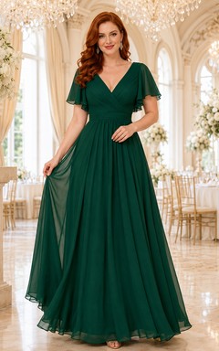 Emerald V-neck flutter sleeve chiffon A-line evening gown