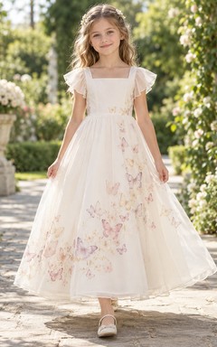 Square Neck Ivory Butterfly Print Flutter Sleeve Organza A-line Flower Girl Dress