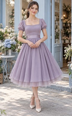 Teelanges Rockabilly-Brautjungfernkleid aus Lavendel mit eckigem Ausschnitt, Puffärmeln und Spitze