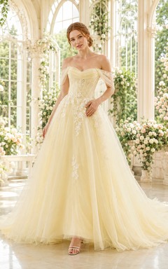 Robe de mariée jaune pâle en dentelle et tulle, épaules dénudées, coupe trapèze, traîne chapelle