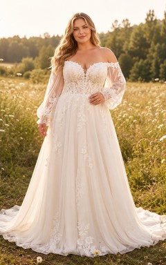 Lace Tulle Wedding Dress A-Line Off Shoulder Long Sleeve Chapel Train Bridal Gown
