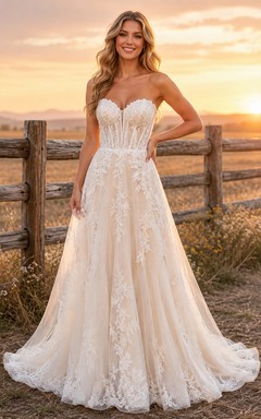 Western Rustic Strapless Lace A-Line Wedding Dress With Train