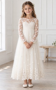 Long Sleeve Ivory Daisy Jewel Illusion Ankle-length A-Line Gathered Tulle Floral Border Cuff Flowergirl Dress