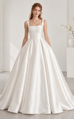 Simple Square Neck Satin Sleeveless Pleated Ball Gown Wedding Dress