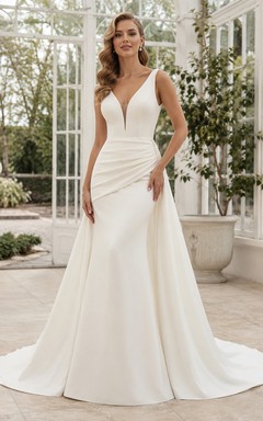 Elegant Plunging V-Neck Sleeveless Ruched Satin A-Line Chapel Train Wedding Dress