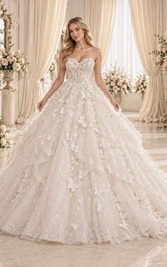 Strapless Sweetheart Wedding Ball Gown with Raised Butterfly Appliques and Glittering Tulle