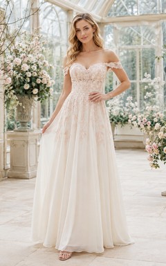 Blush Tulle Off Shoulder Short Sleeve A-Line Floor Length Romantic Bridal Dress