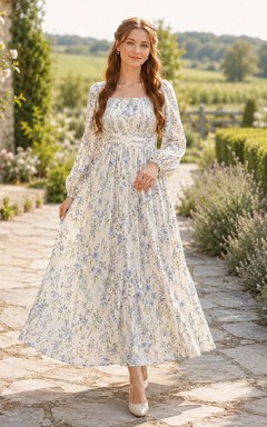 Robe longue trapèze à col carré et manches longues, style modeste, à imprimé floral bleu