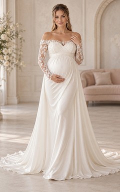 Maternity Long Sleeve Off Shoulder Lace Chiffon Bridal Wedding Dress
