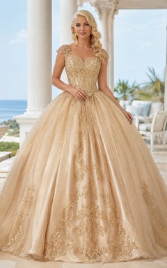 Gold Cap Sleeve Lace Princess Ball Gown Quinceanera Dress