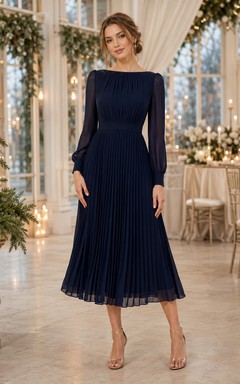 Navy Pleated Chiffon Long Sleeve Formal Reception Midi Dress
