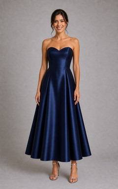 Dark Navy Strapless Sweetheart Satin Tea-Length A-Line Dress