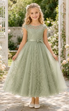 Sage Lace Tea-Length A-Line Flower Girl Garden Wedding Tulle Dress With Cap Sleeves