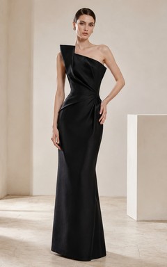 Black One Shoulder Sculptural Mermaid Floor Length Evening Gown