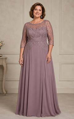 Plus Size A-Line Bateau 3/4 Length Sleeve Chiffon Mother Dress with Lace
