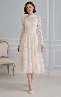 Romantic Lace High Neck Long Sleeve Tea Length Wedding Dress