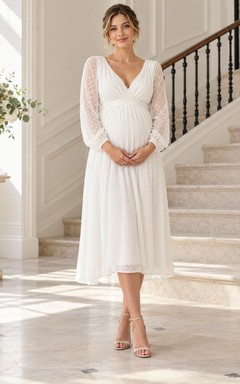 Maternity White V-neck Long Sheer Sleeve Chiffon Graduation Midi Dress
