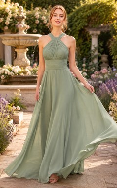 Sage halter chiffon A-line floor length garden bridesmaid dress