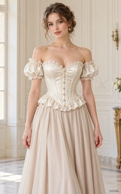 Corset vintage victorien ivoire à épaules dénudées et manches bouffantes, à volants et corset