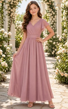 Elegantes Brautjungfernkleid in Altrosa, A-Linie, V-Ausschnitt, kurze Ärmel, plissiert