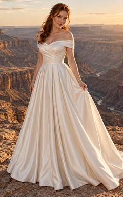 Vestido de novia sencillo de satén con escote Bardot, corte en A, cintura plisada y largo hasta el suelo.