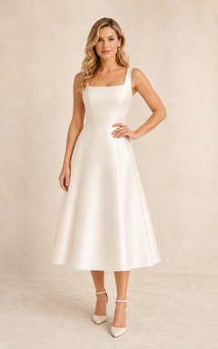 Robe de mariée en satin longueur thé à col carré