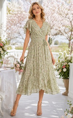 Robe de douche midi trapèze à col V et manches papillon, imprimé floral sauge
