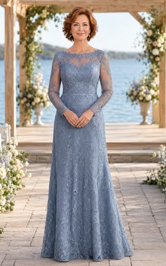 Dusty blue long sleeve lace A line mother formal gown