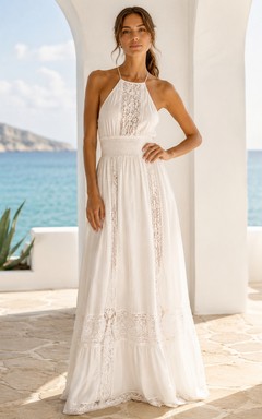 Vestido largo blanco de gasa con encaje de ganchillo y cuello halter alto, corte en A, estilo Adlib Ibiza.