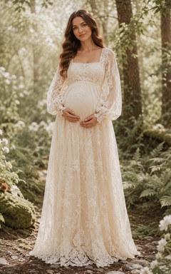 Maternity Wedding Dress Square Neck Long Lace Sleeve Vintage Bridal Gown