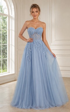 Sky Blue Lace Tulle Sweetheart A-Line Sweep Train Romantic Formal Prom Dress