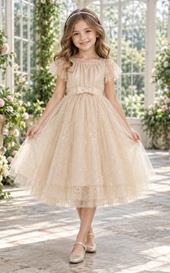 Tea-length Champagne A-line Tulle Flutter-sleeve Pleated-bodice Sparkling Bow-waist Flower Girl Dress