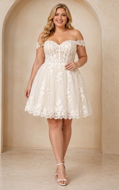 Vestido de novia corto de talla grande con escote corazón, encaje y tul, ideal para bodas al aire libre.