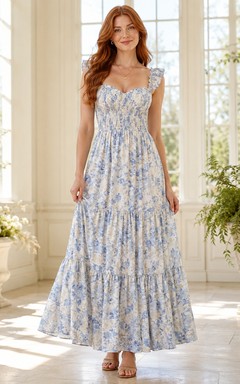 Blaues, geblümtes, gerüschtes A-Linien-Kleid mit Stufenrock und knöchellangem Rock für Gartengäste