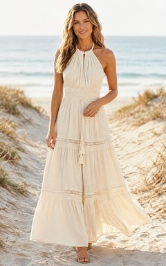 Boho Beach Halter Backless A-line Lace Trim Maxi Dress