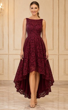 Burgundy Sleeveless Lace A-Line High-Low Cocktail Formal Dress