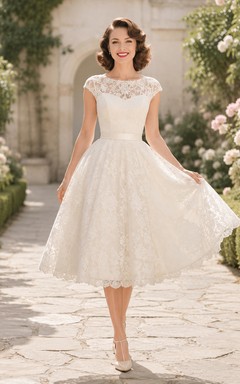 Vintage 1950s Bateau Cap Sleeve Illusion Lace A-Line Tea Length Wedding Dress