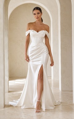 Minimalist Satin Wedding Dress Sheath Off Shoulder Sweep Train with Slit Bridal Gown